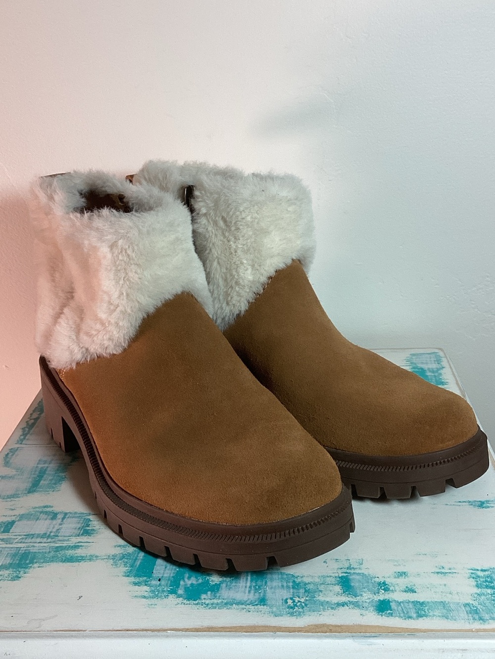 Koolaburra Tan Suede Ankle Booties with White Faux-Shearling Cuff